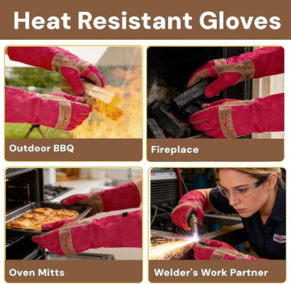 Gardening Gloves for Women, Long Thorn Proof Garden Gloves for Yard Work, Heat Resistant Leather Gloves for Welding, BBQ, Cooking, Fireplace, Chainsaw, Utility, Durable, Rose Red, M
