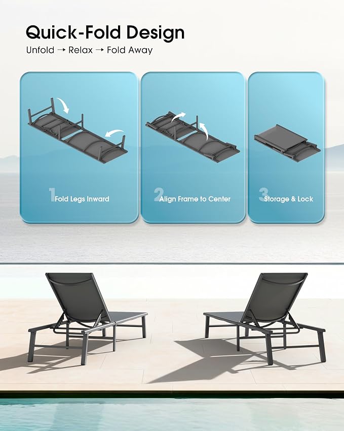Ciokea Foldable Outdoor Lounge Chair Set of 4, No Assembly Aluminum Chaise Lounge Outdoor with 5-Positions, Aluminum Pool Lounge Chairs with Portable Design for Poolside, Beach, Deck, Patio, Grey