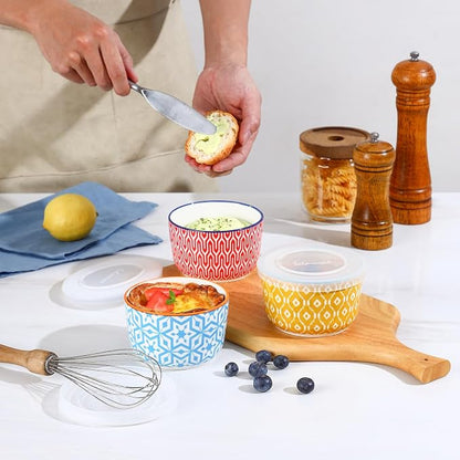 Selamica Ceramic Ramekins with Lids, 10 OZ Creme Brulee Ramekins with Covers Oven Safe, Custard Cups Small Baking Bowls for Souffle, Pudding, Onion Soup, Dips, Set of 6, Assorted Colors