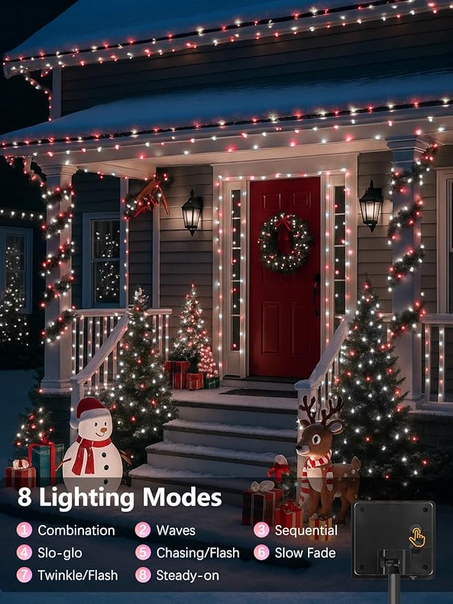 4 Pack Red and White Solar Christmas Lights Outdoor Waterproof, 132FT 400LED Solar String Lights Green Wire Fairy Lights, Solar Twinkle Lights with 8 Lighting Modes for Xmas Garden Decorations