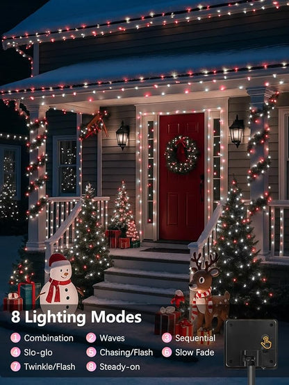 4 Pack Red and White Solar Christmas Lights Outdoor Waterproof, 132FT 400LED Solar String Lights Green Wire Fairy Lights, Solar Twinkle Lights with 8 Lighting Modes for Xmas Garden Decorations