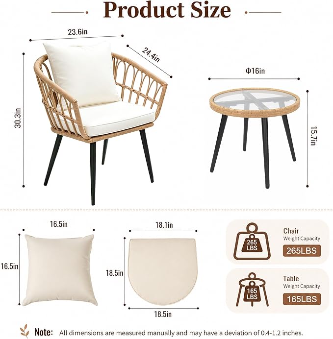 Upgraded 3 Piece Patio Bistro Set for Balcony, Backyard, Porch, Beige | All-Weather Rattan Patio Conversation Set, Tempered Glass Side Table, Easy-Clean Surface