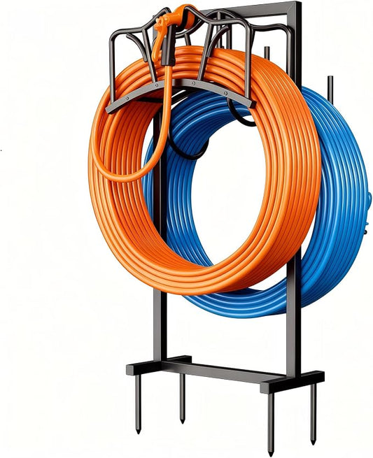 Garden Hose Holder Holds 2 x 150FT Hoses, Freestanding Hose Holder with 4 Spikes, Rustproof Water Hose Holder Storage for Outside Yard Lawn Farm
