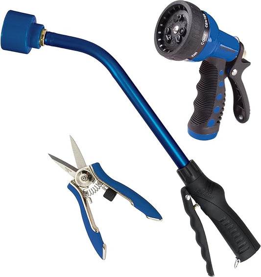 DRAMM 50035 Watering and Tool Set in Green Includes 16-Inch Touch 'N Flow Pro Rain Wand, 9-Pattern Revolver Spray Gun, and Compact Shear, Blue