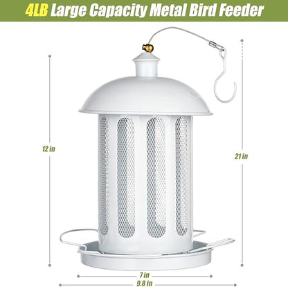Bird Feeder, Large Capacity Bird Feeders for Outdoor Hanging, Heavy Duty Metal Wild Birdfeeder for Outside Garden Yard Decor, Retro Lantern Shape (White)