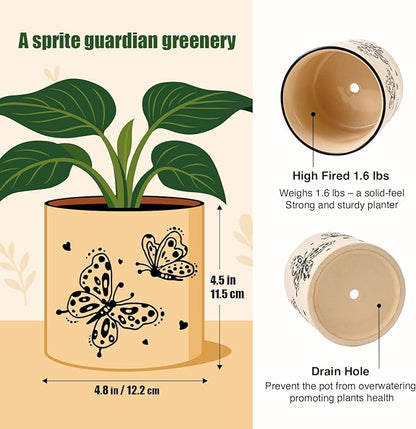 STHIE 5 Inch Ceramic Plant Pots with Drainage Holes, Small Round Flower Pots for Indoor Plant, Unique Animal Flower Planters (Butterfly)