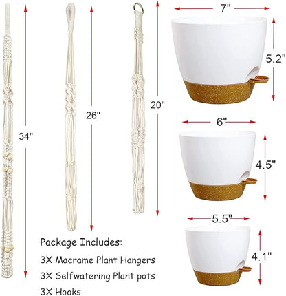 Bouqlife Hanging Planters with Macrame Plant Hangers for Indoor Outdoor Plants 3 Set Self Watering Pots Hanging Baskets Flower Pot Holders 3 Different Size