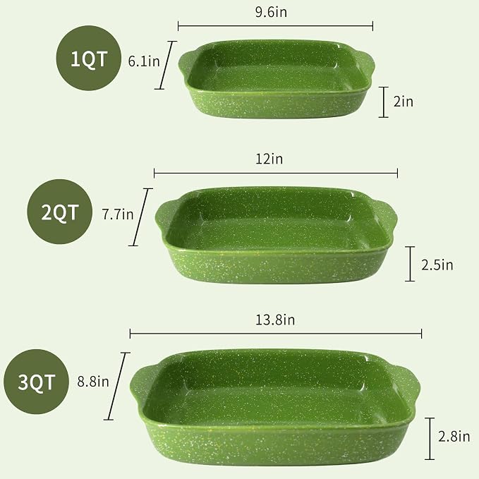 Ceramic Baking Dishes for Oven,Heavy Duty Bakeware Dish Set of 3, Rectangular Casserole,Lasagna Pan Deep,High Heat Resistant,Glazed Handcraft Speckle Series (13.8''/12''/9.6''Green)
