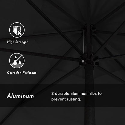 California Umbrella 9' Rd Aluminum Patio Umbrella, Crank Lift, Auto Tilt, Black Finish, Sunbrella Black