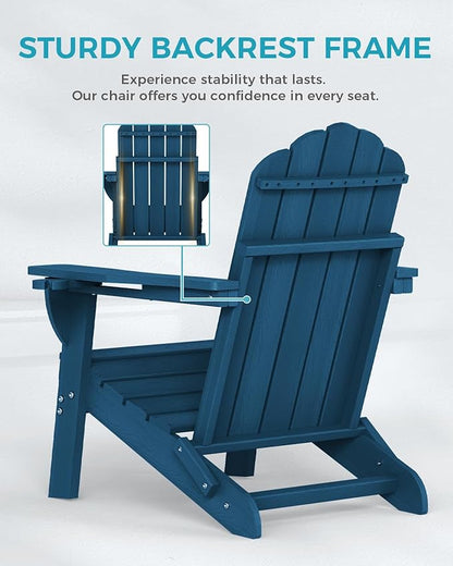 Folding Adirondack Chairs Set of 2,All-Weather HDPE Fire Pit Chair with 2 Cup Holders, Plastic Outdoor Chair for Patio Deck Garden Lawn, NavyBlue