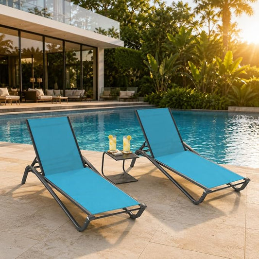 3-Piece Patio Chaise Lounge Set with Side Table, Set of 2 Adjustable Pool Chairs and Aluminum Bistro Table, All-Weather Outdoor Furniture for Pool Deck, Patio & Tanning, Sky Blue
