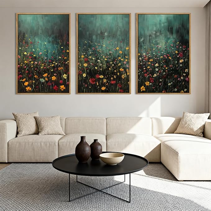 Anyzal Large Dark Moody Wildflowers Framed Wall Art 16x24 Inch Green Watercolor Floral Landscape Canvas Wall Decor Modern Botanical Prints for Living Room Bedroom Office Set of 3