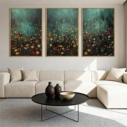 Anyzal Large Dark Moody Wildflowers Framed Wall Art 16x24 Inch Green Watercolor Floral Landscape Canvas Wall Decor Modern Botanical Prints for Living Room Bedroom Office Set of 3