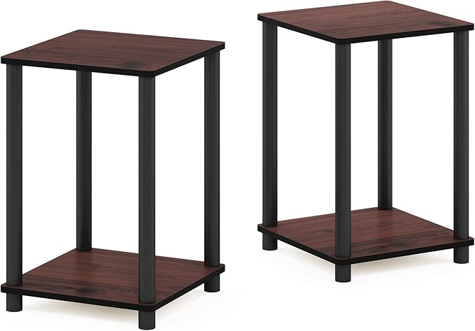 Furinno TURN-N-TUBE Side Table Set of 2, 2-Tier Modern Square End Table with Open Shelf, Toolless Stackable Night Stand, Bedside Table, for Living Room, Bedroom, Dark Cherry