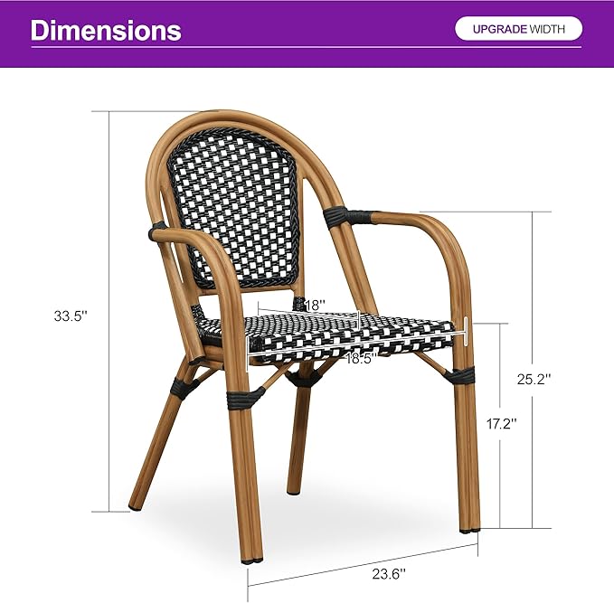 PURPLE LEAF French Bistro Chairs Set of 2 Aluminum Wicker Rattan Hand-Woven Armchairs Outdoor Dining Chairs for Patio Kitchen Garden Bamboo Print Finish Black White