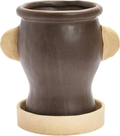 Creative Co-Op Stoneware Face Planter with Saucer, Brown & Cream Color, Holds 4" Pot