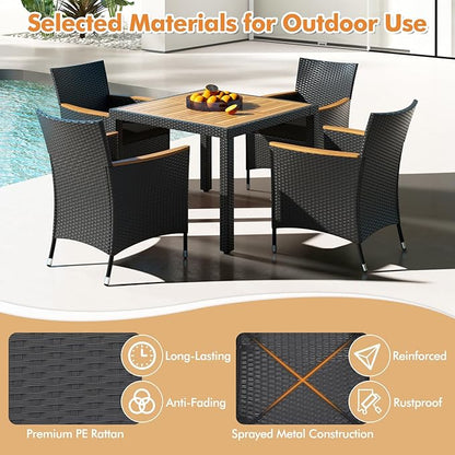 Tangkula 5 Pieces Patio Dining Table Set for 4, Rattan Conversation Set with Umbrella Hole, Seat Cushions & Acacia Wood Tabletop, Outdoor Dining Table with 8 Chairs for Backyard (Black)