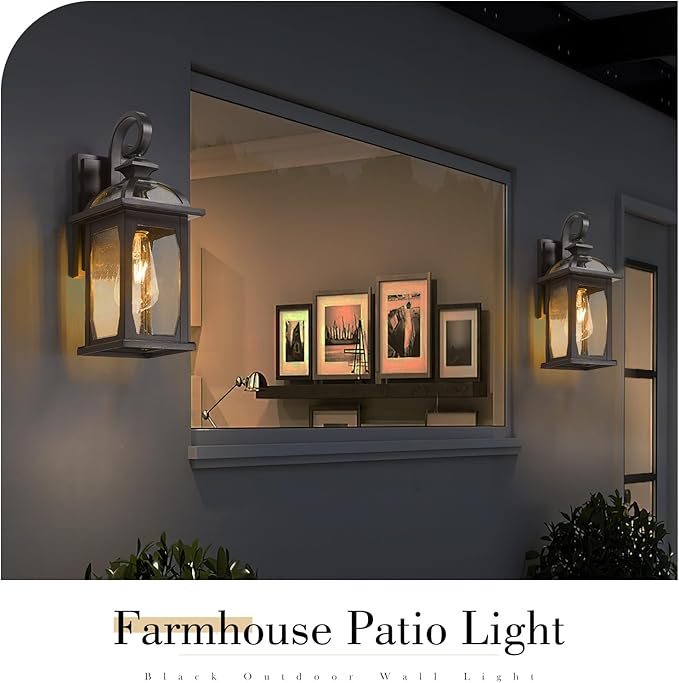 zeyu Outdoor Porch Light Wall Light Fixture, 15 Inch Exterior Wall Lighting for House, Die-Cast Aluminum with Seeded Glass, Black Finish, ZD100B BK