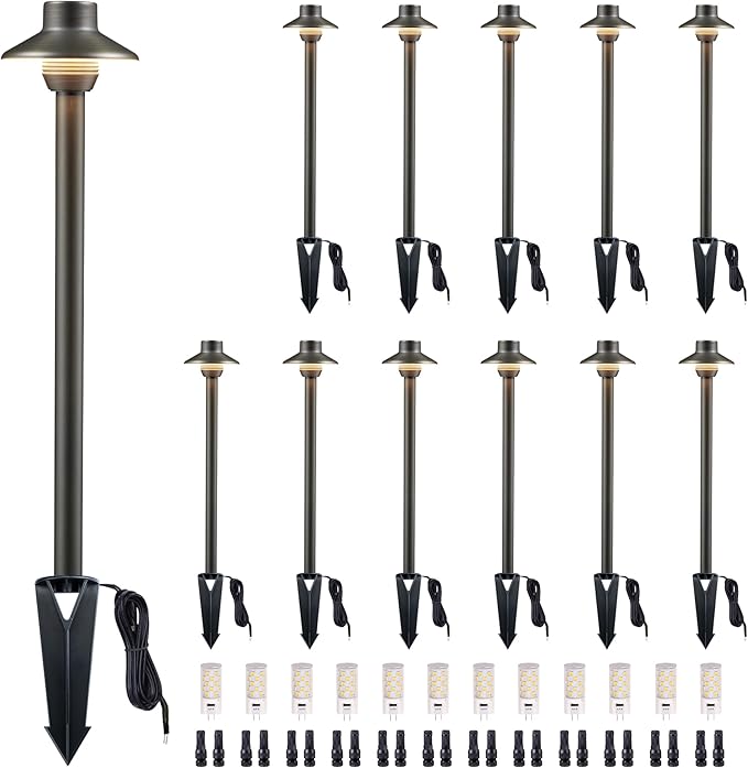 Gardenreet Solid Cast Brass Pathway Lights, 3 Color Temp Selectable Low Voltage Landscape Path Light Wired, LED Walkway Light Waterproof, 12V Wired Black for Entrance Garden with G4 Bulb (12 Pack)