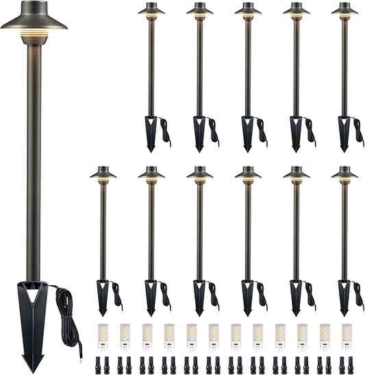 Gardenreet Solid Cast Brass Pathway Lights, 3 Color Temp Selectable Low Voltage Landscape Path Light Wired, LED Walkway Light Waterproof, 12V Wired Black for Entrance Garden with G4 Bulb (12 Pack)