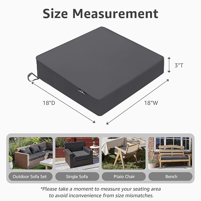 PatioGlow Outdoor Chair Cushions 18 x 18 x 3 Inch, Waterproof & Fade Resistant Patio Seat Cushion for Furniture with Handle and Ties, Thick Seating Pads for Outside Sofa Couch Set of 2, Grey