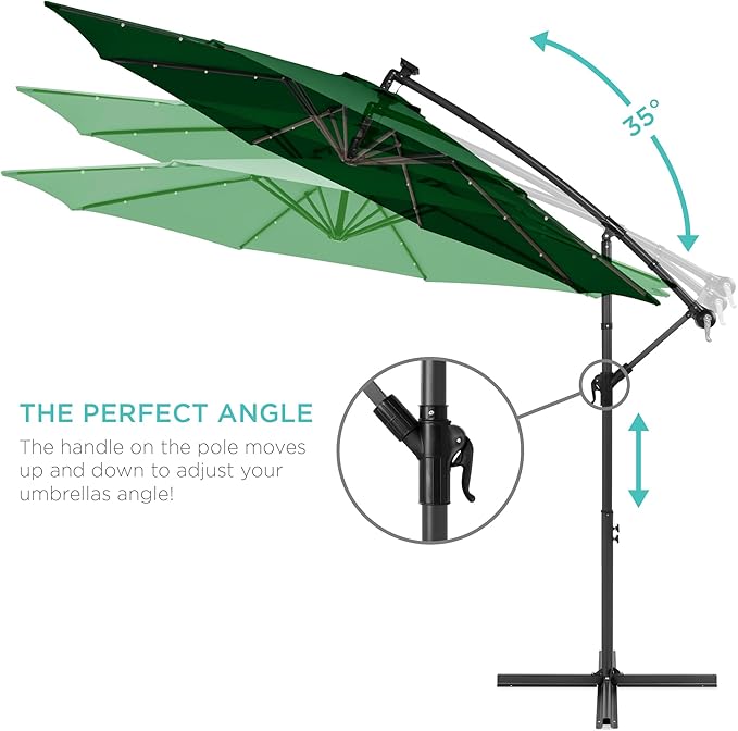 Best Choice Products 10ft Solar LED Offset Hanging Market Patio Umbrella for Backyard, Poolside, Lawn and Garden w/Easy Tilt Adjustment, Polyester Shade, 8 Ribs - Green