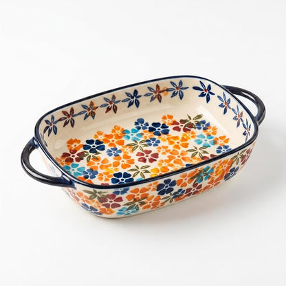 Ceramic Baking Dish with Handles, Hand-painted Polish Pottery Baking Dish Set of 2,Baking Pan Lasagna Pan, Rectangular, Floral Pattern, Oven Safe, 13.22x7.5x2.8 Inch (orange)