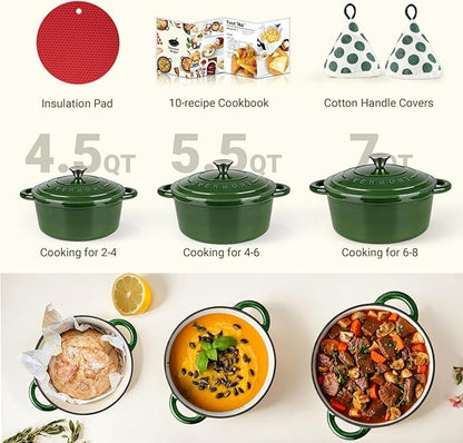 Overmont Enameled Cast Iron Dutch Oven - 4.5QT Pot with Lid Cookbook & Cotton Potholders - Heavy-Duty Cookware for Braising, Stews, Roasting, Bread Baking GlossyGreen