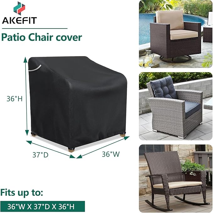AKEfit Patio Chair Covers for Outdoor Furniture Waterproof 2 Pack,Heavy Duty Outdoor Chair Covers Waterproof for Lawn Lounge Seat, Wicker, Adirondack&Rocking Chairs,Black-36Wx37Dx36H inches
