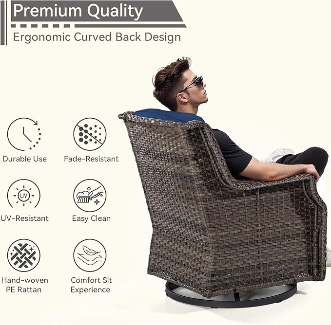 5 Piece Patio Furniture Wicker Conversation Set, 2 Swivel Chairs, 2 Ottomans with 1 Side Table, for Outdoors, Backyard, Deck, Navy