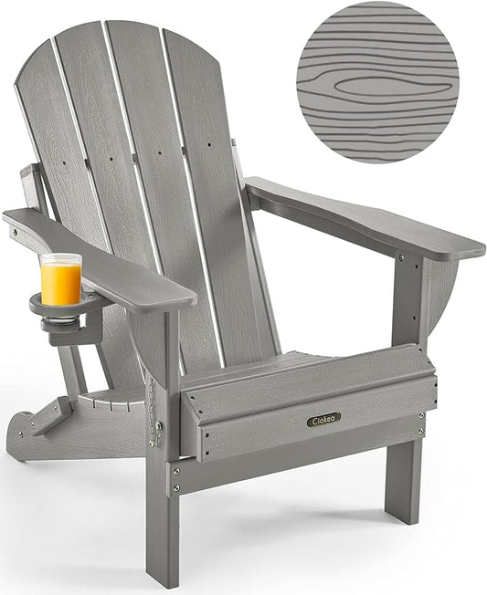 Ciokea Folding Adirondack Chair Wood Texture, Patio Chair Weather Resistant, Plastic Fire Pit Chair with Cup Holder, for Lawn Outdoor Porch Garden Backyard Deck (Grey)