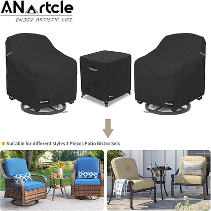 3 Pieces Patio Bistro Sets Cover,600D Waterproof Heavy Duty Patio Furniture Covers,Includes 2 Outdoor Swivel Chair Covers and 1 Patio Wicker Side Table Cover(Black)