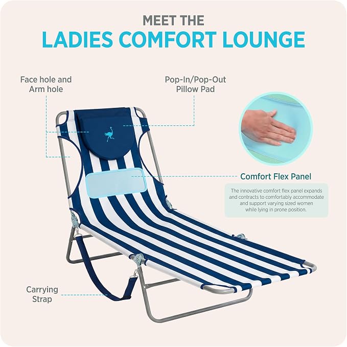 Ostrich the Ladies Comfort Lounger with Chest Support, Foldable & Portable Reclining Outdoor Patio Beach Lawn Camping Pool Tanning Chair, Blue Stripe