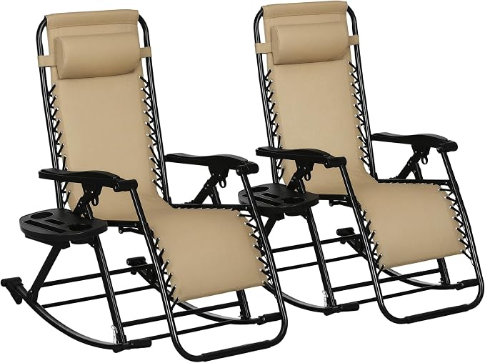 Outsunny Set of 2 Outdoor Rocking Chairs, Foldable Reclining Zero Gravity Lounge Rocker with Pillow, Cup & Phone Holder, Combo Design with Folding Legs, Beige