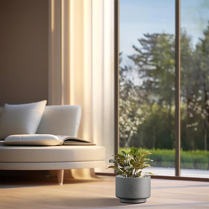 Kante 10 Inch Dia Concrete Planter, Round Pedestal Design Garden Pot for Indoor Outdoor Plants, Modern Flower Pot with Drainage Hole and Rubber Plug, Natural Concrete