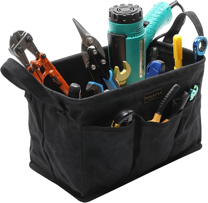 3-Pack Storage Tool Case Set, 13.8 x 7.8 x 7.8 Inches, Rectangular Waxed Canvas Fabric Collapsible Tool Bag with Handles for Tools,Wrench Set,Screwdrivers (Black)