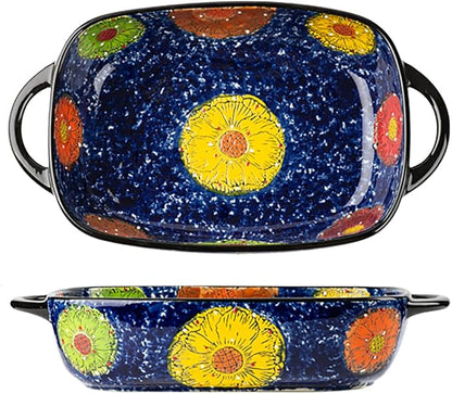 Vintage Style Pottery Bakeware Colorful Daisy Pattern Ceramic Casserole Dish Baking Pan Lasagna Pans Baking Dish with Handles from Oven to Table Plate-1 PCS, 60 OZ