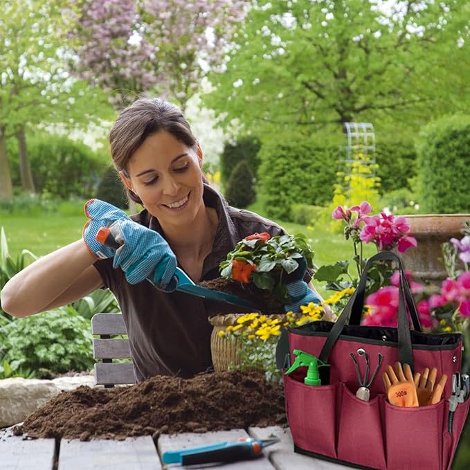 Tool Bag Garden Tote Large Organizer Bag Carrier Gardening Storage Tote with Interior Exterior Side Pockets Handles Strap for Garden Plant Tool Set Store Content Bag