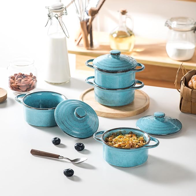 12 oz Mini Cocotte Set of 4, Ceramic Casserole Dishes with Lids & Handles | Reactive Glaze, Individual Baking & Serving, Ideal for Pot Pies, French Onion Soup, Casseroles & Baked Pasta, Oven Safe