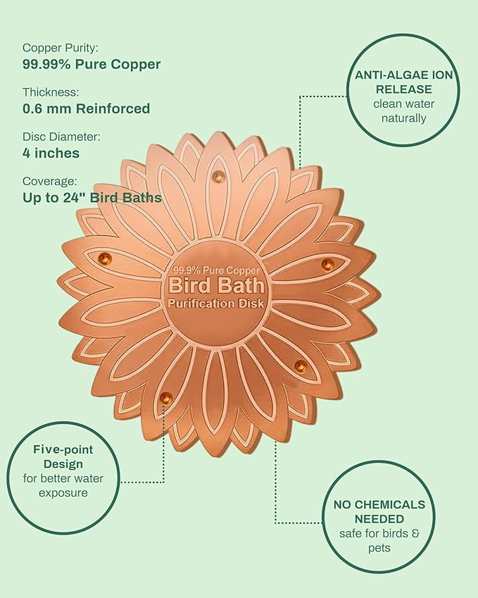 Bird Bath Purification Disk Pure Copper Outside Winter Solar Power Birdbath Hummingbird Solar Power Wild Cleaner Heater Deicer Cage Hanging Bowl Feeder Cage Dispenser Garden Lover Women Gift
