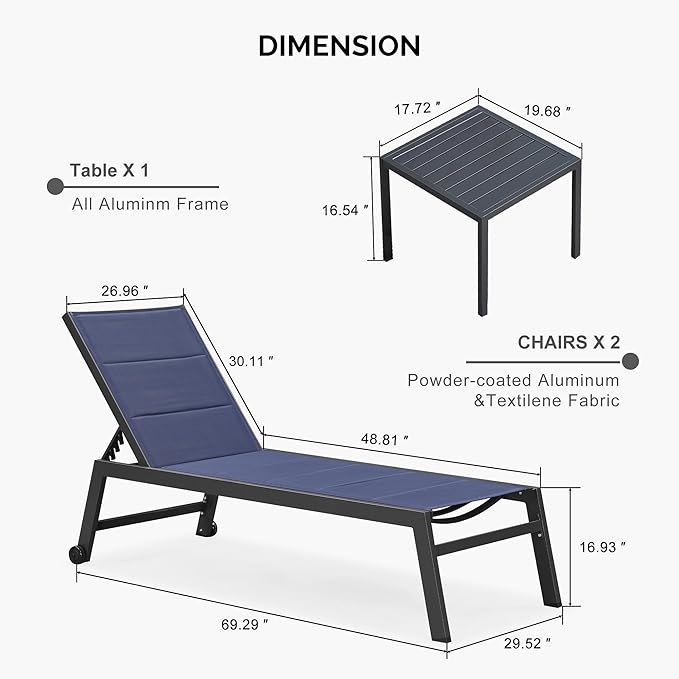 PURPLE LEAF Extra Large Outdoor Chaise Lounge 2 Pieces Aluminum Patio Lounge Chair with Wheels Reclining Chair for Patio Pool Beach Sunbathing Navy Blue Oversized Lounger