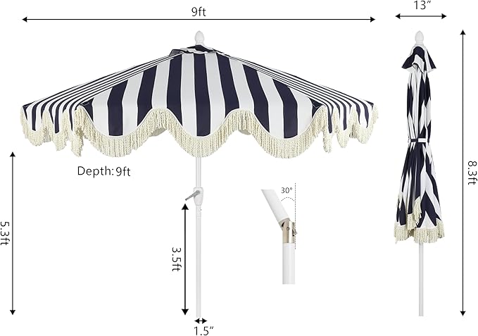 JONATHAN Y UMB1001 Collins 9 ft. Classic Cottage Tassel Market Patio Umbrella with Auto-Tilt, Crank, Wind Vent and UV Protection