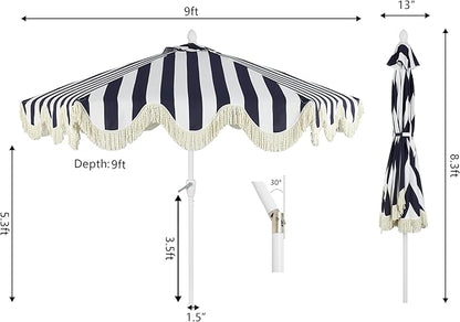 JONATHAN Y UMB1001 Collins 9 ft. Classic Cottage Tassel Market Patio Umbrella with Auto-Tilt, Crank, Wind Vent and UV Protection