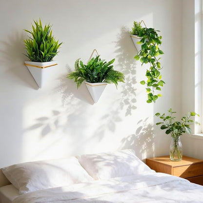 Rtteri 15 PCS Wall Hanging Planter Set with Artificial Greenery, 3 Ceramic Geometric Wall Planters in 3 Sizes, Modern Indoor Decor for Living Room Bathroom Office