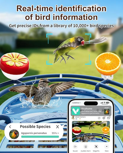 Bird Feeder with Camera, Smart Birdfeeder with Cam Solar Powered, 2K HD Video, AI Identification, Instant Arrival Alerts, IP66 Bird Bath & Feeder,Gift for BirdLover (with BirdBath, Blue)