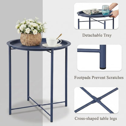 VECELO Side/End Table, Folding Round Metal Anti-Rust and Waterproof Outdoor or Indoor Tray for Living Room Bedroom Balcony and Office, 1 PCS, Blue