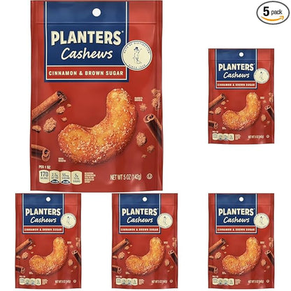 PLANTERS Cashews Cinnamon & Brown Sugar - Trail Mix Snack Packs - Snacks with Cinnamon & Brown Sugar, Snack Pack, Party Trail Mix, 5 Oz Bag, 5 Pack