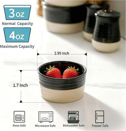 Hasense Porcelain Ramekins Set of 6, 3 Oz Oven Safe Mini Bowls, Black & Ash Gray Ramekins for Creme Brulee, Souffle, Dipping & Desserts, Farmhouse Kitchen