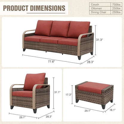 Modern Wicker Patio Furniture Set, Rattan Outdoor Conversation Set with Comfortable Cushions, 2 Patio Chairs, 3 Seat Couch and 2 Ottomans, 5 Pieces, Brown/Red