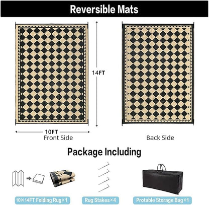 HUGEAR Outdoor Waterproof Rug 10'x14' Plastic Straw Rugs Washable Reversible Floor Mat Beige Plaid Carpet for Camping RV Deck Entryance Porch Picnic Balcony Beach Backyard